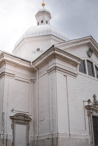 Architectural detail of the white dome and facade of Saint Sebastian Chapel on Holy Hill in Mikulov showing baroque design elements