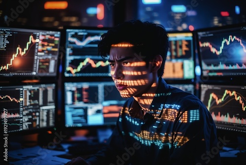 A young man intently watches multiple glowing stock market monitors in a dark room. He appears focused and stressed.