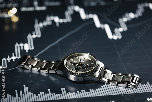 A watch rests on a fluctuating stock chart. Dark tones dominate, highlighting the financial theme.