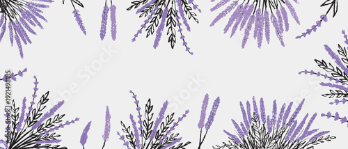 Hand drawn lavender floral border frame. Invitations, greeting cards, stationery design, wedding decor, and nature eco inspired branding. Vector sketch illustration in vintage crayon charcoal style.