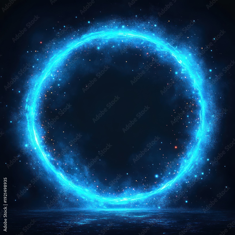 Fototapeta premium Glowing electric blue energy ring hovering above reflective water with sparkling particles and starry mist, a mysterious futuristic portal evoking awe