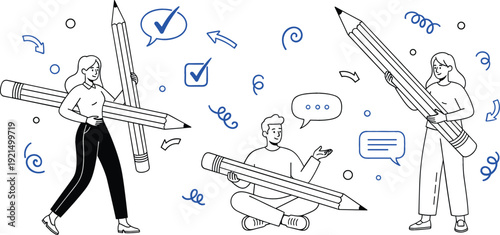 Creative Teamwork Concept with People Holding Giant Pencils, Check Marks, and Speech Bubbles for Collaboration, Project Planning, and Business Strategy Vector Illustration