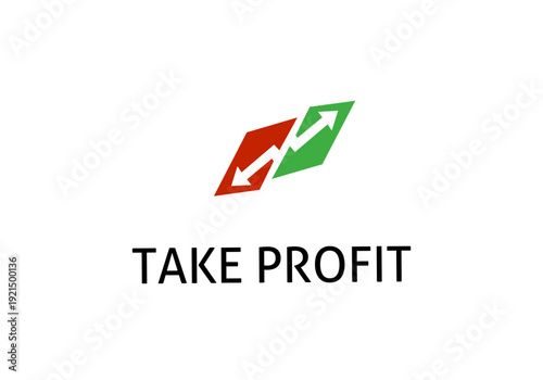 Vector logo featuring a double arrow icon on red and green parallelograms with "TAKE PROFIT" text. Professional geometric design for financial trading, stock market apps, and investment services