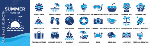 Summer icon set collection. Containing Beach Island, Snorkeling Mask, Sand Castle, Palm Island, Beach Chair