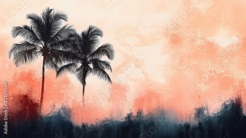 two silhouetted palm trees against an abstract peach and navy textured horizon evoking a tranquil, dreamy sunset