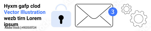 Cybersecurity, email notifications, digital communication, privacy protection, online security, system updates. Lock, envelope with notification and gear icons. Cybersecurity and email notifications