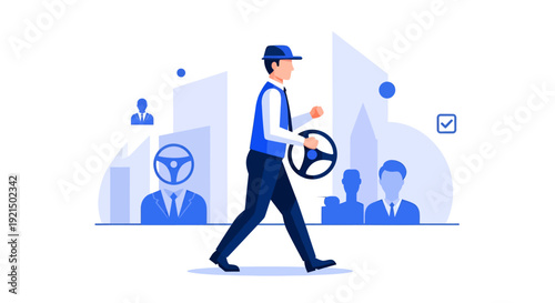 Businessman Walking in Urban Environment with Modern Cityscape