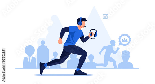 Businessman Running with Smartphone in a Dynamic Corporate Environment