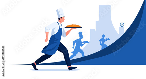 Chef Running with Baking Tray in Urban Cityscape