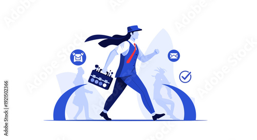 Businesswoman Walking with Briefcase and Checkmarks in Background