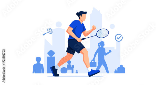 Young Man Playing Badminton Outdoors with Urban Skyline Background