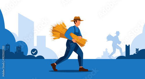 Urban Worker Carrying Broom and Dustpan in Cityscape