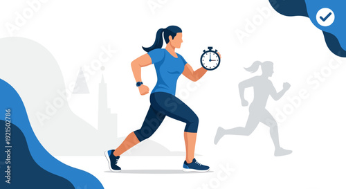 Female Runner with Stopwatch in Motion for Fitness and Exercise