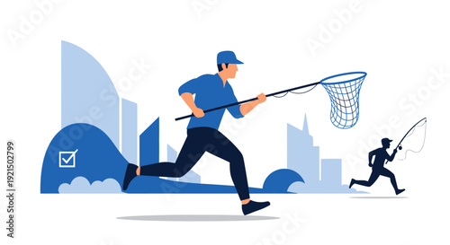 Dynamic Urban Scene of Two People Playing Catch with a Tennis Net