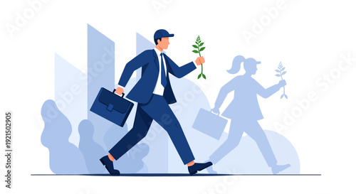 Businessman Walking Forward with a Plant and Briefcase