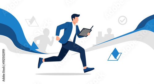 Businessman Running with Laptop in Abstract Office Environment