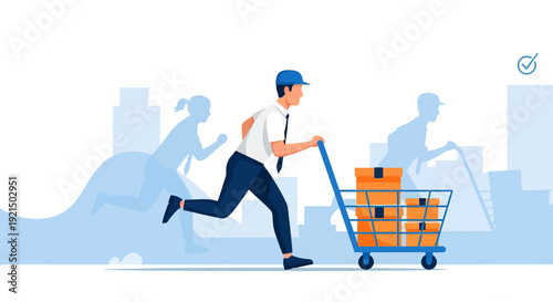 Young Man Running with Shopping Cart in City
