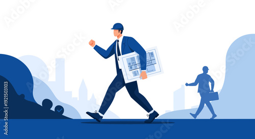 Businessman Walking with Documents and Briefcase in Urban Environment