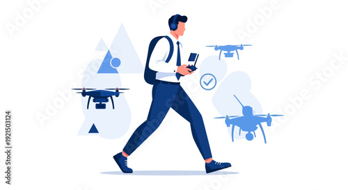 Person Flying Drone with Multiple Quadcopters in Urban Environment