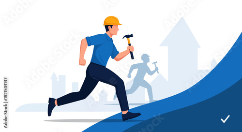 Businessman Running Up a Graphical Progress Chart for Success