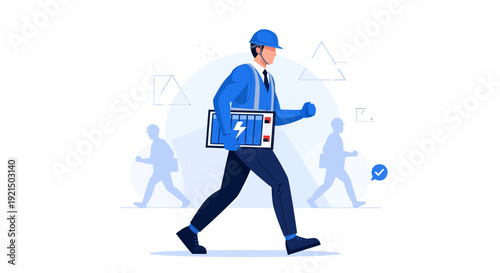 Walking Professional Man with Backpack and Tablet in Urban Environment