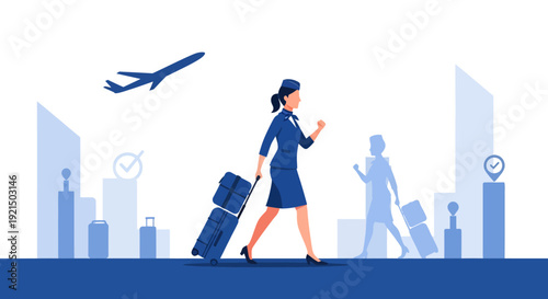 Female Airline Passenger Walking in Airport Terminal with Suitcase