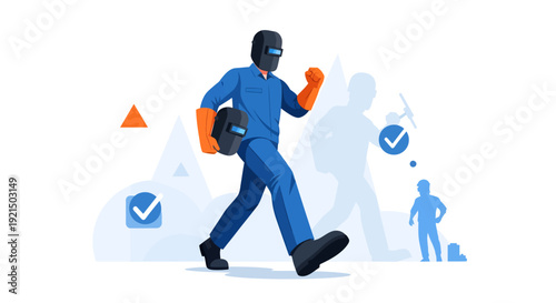 Futuristic Worker with Virtual Reality Gear and Backpack