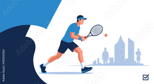 Young Male Tennis Player in Action on Court with City Skyline