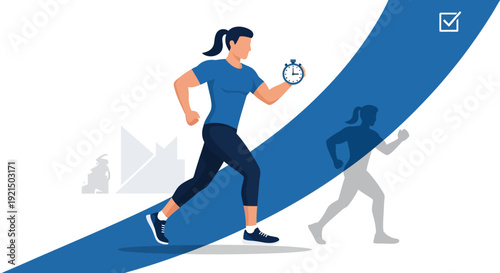 Active woman running with stopwatch illustrating time management