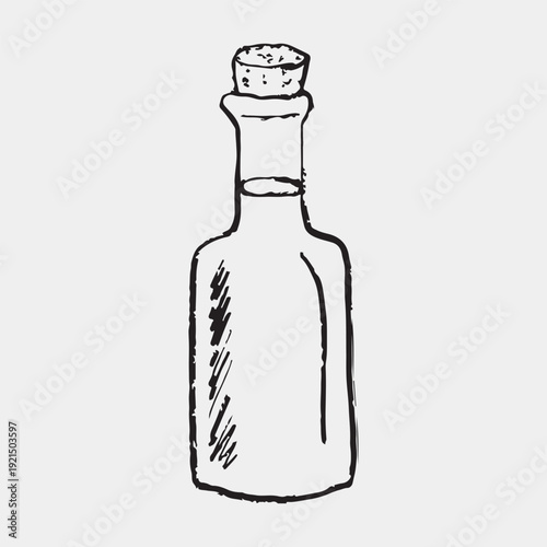 Hand drawn vintage bottle with cork. Oils or apothecary themes. Vector sketch illustration in vintage crayon charcoal style. Great for rustic or botanical designs.