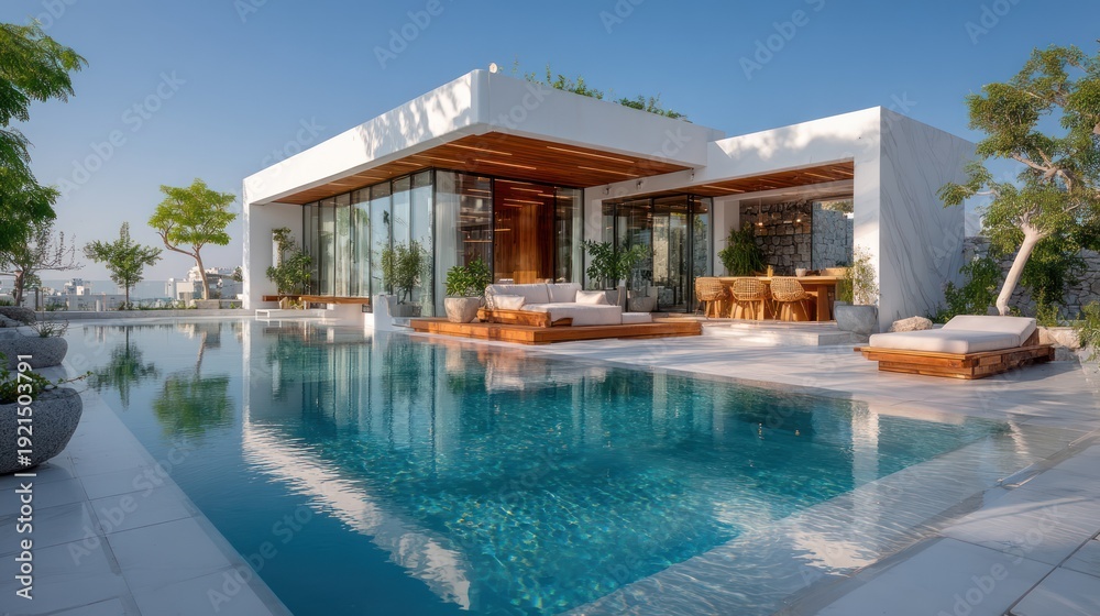 Fototapeta premium Modern architectural marvel with a pool. Elegant white villa with glass, wood, and a clear blue sky