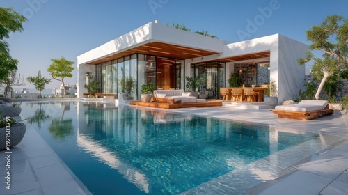 Wallpaper Mural Modern architectural marvel with a pool. Elegant white villa with glass, wood, and a clear blue sky Torontodigital.ca