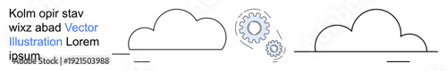 Cloud computing, data management, technology integration, digital transformation, IT solutions, software systems. Outline of clouds and gears. Cloud computing and data management concept