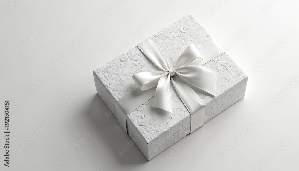Obraz premium Elegant white gift box with embossed floral pattern and satin ribbon bow. This present is isolated on a plain light surface ready for any celebration. Minimalist design, perfect for elegant gifting.