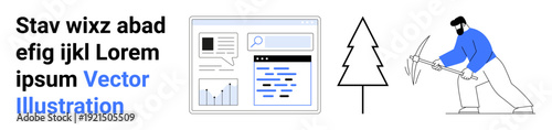 Technology, environmental impact, manual labor, data visualization, tools, user interfaces. Webpage elements, a tree and a person using a pickaxe. Technology and environmental impact concept