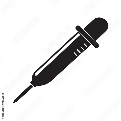 A black and white illustration of a medical dropper with a rounded tip and a hole at the top