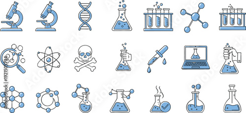 Science Laboratory Icon Set with Microscope, DNA Helix, Chemistry Glassware, Molecules, Atom Structure, and Research Experiment Symbols