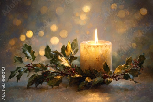 Cozy Christmas candle with holly wreath and bokeh lights
