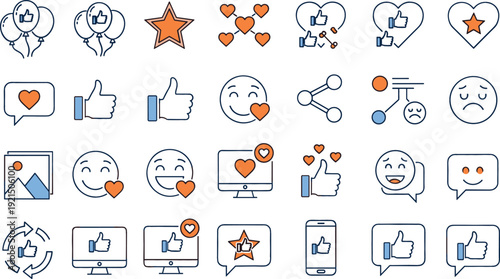 Social Media Like and Reaction Icon Set with Thumbs Up, Hearts, Stars, Sharing, Comments, and Emoji Feedback Symbols