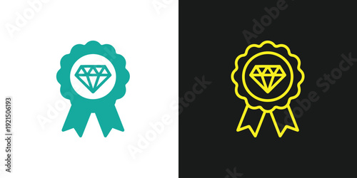 A diamond icon inside a badge with a ribbon, presented in two contrasting styles, on a split background, viewed from directly above, showcasing graphic design elements.