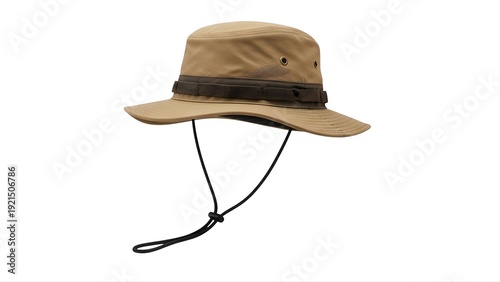 A tan colored hat with a black drawstring on transparent background