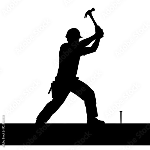 Construction worker silhouette hammering a nail into a wooden surface.