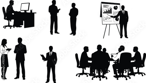 Set of business silhouettes featuring professional people working at desks, presenting charts, attending meetings, and communicating in a modern office environment.