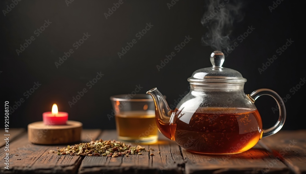 Fototapeta premium Steaming hot herbal tea brews in a clear glass teapot on a rustic wooden table near a lit red candle and dried herbs. A glass of amber liquid sits beside the pot.