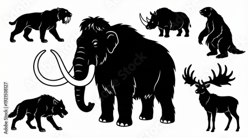 Ice Age Animals Black and White Decorative Prehistoric Wildlife Collection with Woolly Mammoth