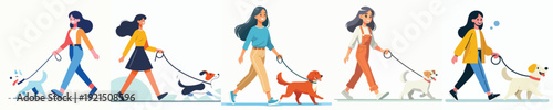 Vector of a woman takes her dog for a walk.