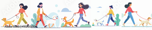 Vector of a woman takes her dog for a walk.