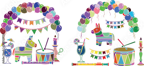 Colorful Piñata Party with Drums and Balloons decorations