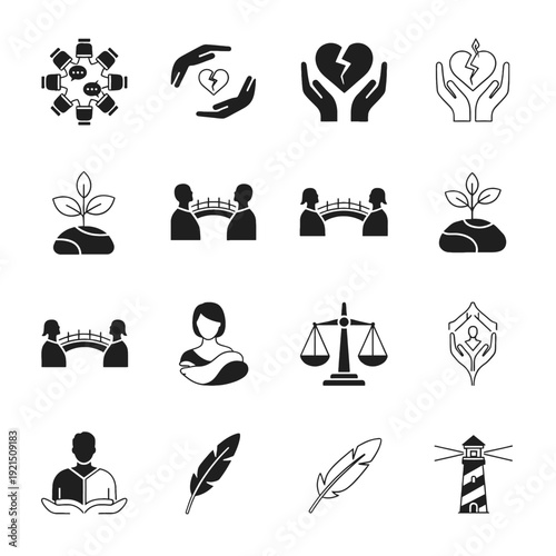Restorative Justice and Community Mediation Icon Collection for Non-Profit Training and Conflict Resolution Illustrating Peacebuilding Dialogue Healing and Social Rehabilitation Solutions