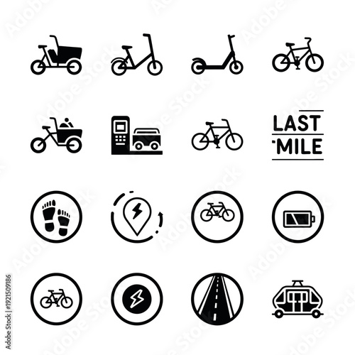 Sustainable Urban Transportation and Smart City Micro-Mobility Icon Collection for Navigation Apps and Transit Planning Illustrating Electric Cargo Bikes Shared Commuting and Last-Mile Solutions
